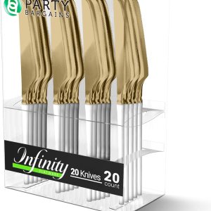 Party Bargains Cuchillos desechables de plástico de oro blanco, utensilios de diseño moderno infinito, paquete de 20 Party Bargains Cuchillos desechables de plástico de oro blanco, utensilios de diseño moderno infinito, paquete de 20