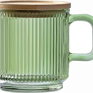 Lysenn Taza de café de vidrio con tapa, taza de té de vidrio clásica con rayas verticales de alta calidad, para leche, té, chocolate, jugo, agua, Lysenn Taza de café de vidrio con tapa, taza de té de vidrio clásica con rayas verticales de alta calidad, para leche, té, chocolate, jugo, agua,