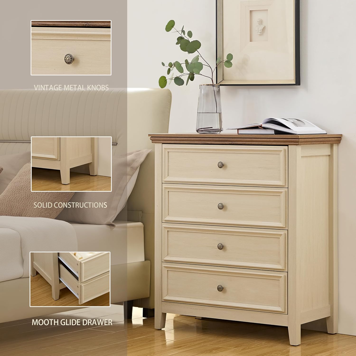 VAWEP Cómoda para dormitorio, 4 cajones, cómoda moderna de 4 cajones para sala de estar, armario de almacenamiento beige, mesita de noche alta para