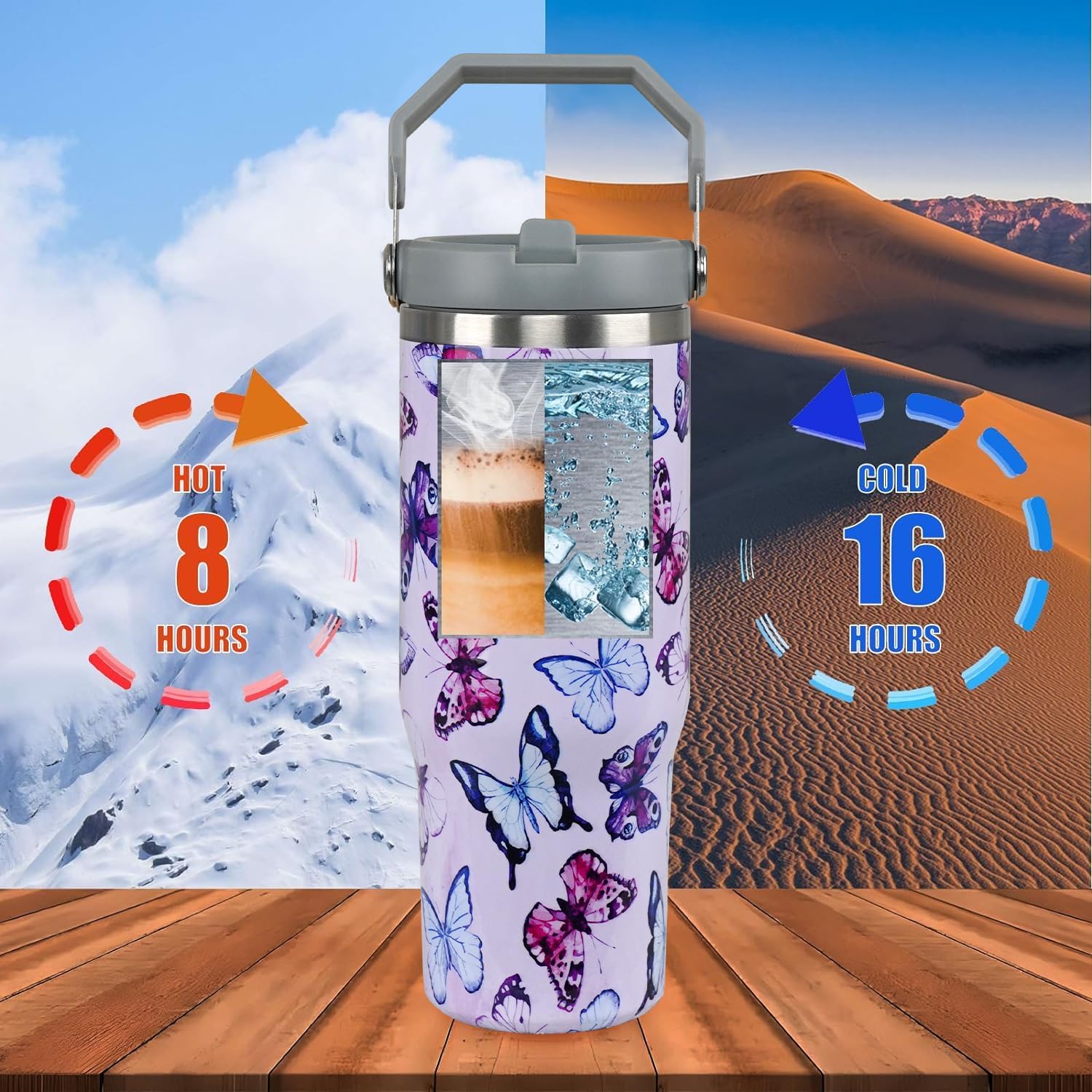 Regalos de mariposa para mujer, vaso de mariposa de 30 onzas con asa, reutilizable, aislado al vacío, con popote abatible y asa superior, acero