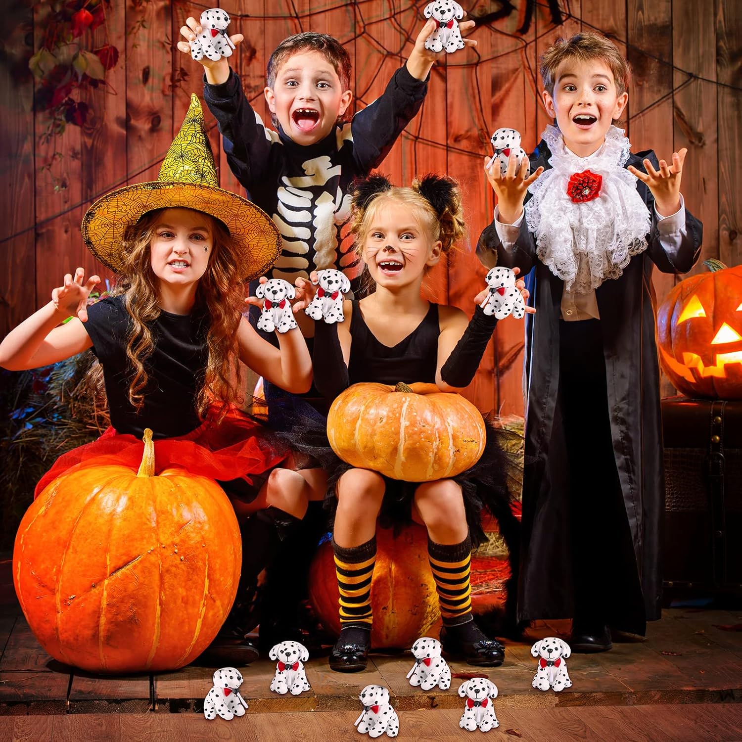 Kathfly 4 piezas de peluche de Halloween para perro, dálmata, perro dálmata, perro de peluche manchado, cachorro de peluche sentado, juguete de