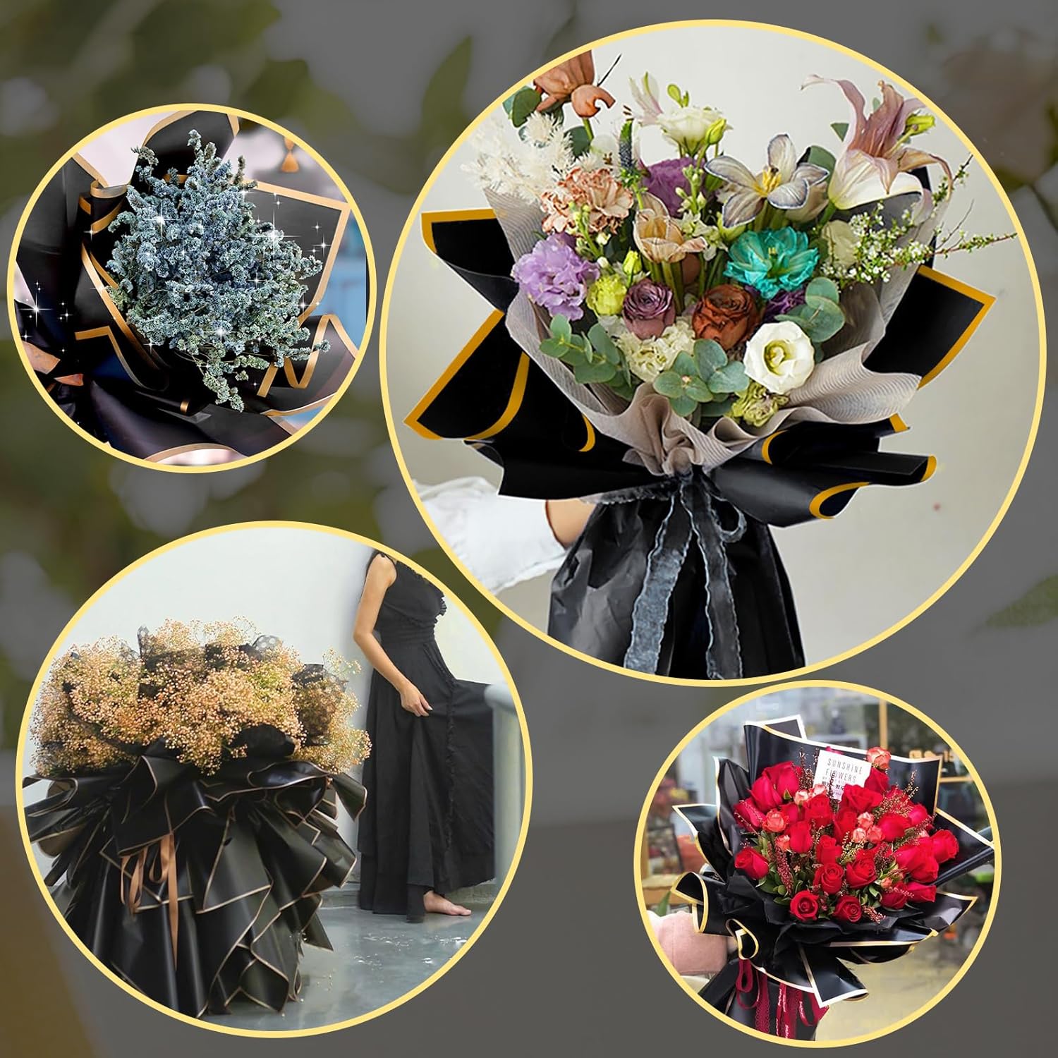 50 piezas de papel de regalo de flores verdes con borde dorado, papel de regalo coreano impermeable con 1 rollo de cinta y tarjetas de regalo, papel