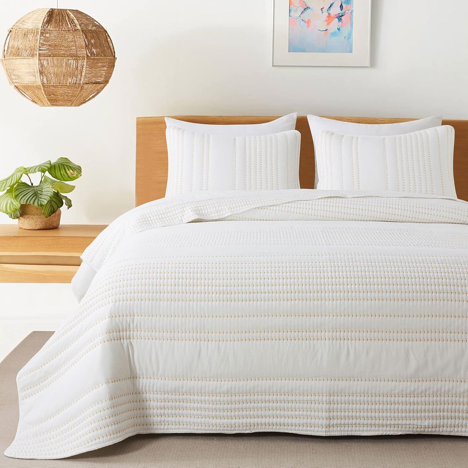 HIARUO Juego de ropa de cama tamaño King, colcha a rayas (104 x 90 pulgadas) con 2 fundas de almohada (20 x 36 pulgadas) para todas las estaciones,