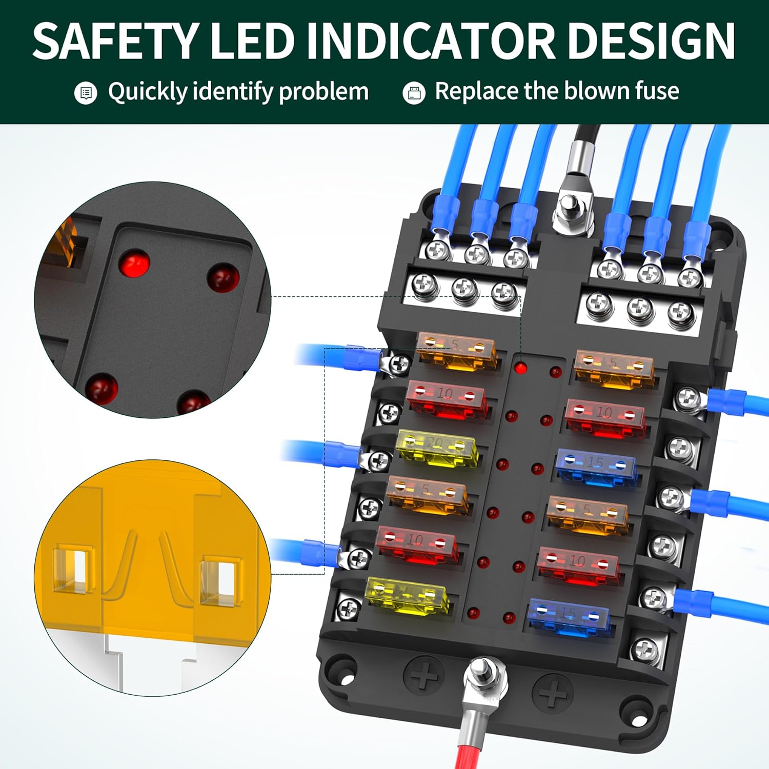 DaierTek Bloque de fusibles de 12 vías, bloque de fusibles de hoja de 12 voltios con indicador LED, caja de fusibles de 12 circuitos, panel de