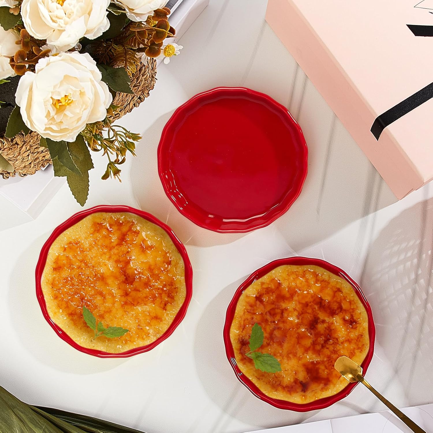 6 piezas de ramequines de 8 onzas aptas para horno, para creme brulee, platos de crema brulee, platos de porcelana para hornear quiche redondos para