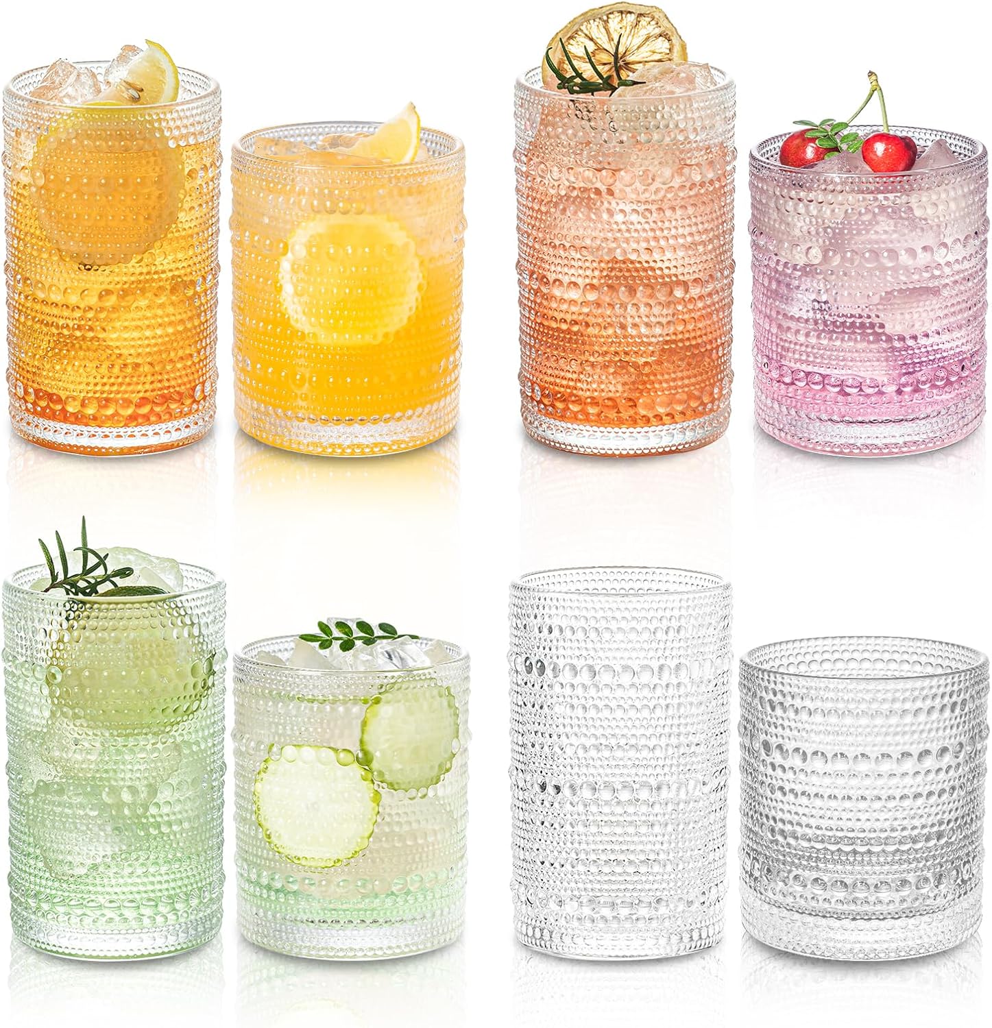 Elegante juego de 8 vasos vintage de hobnail para beber vasos de vidrio con diseño en relieve, 4 vasos altos y 4 vasos de roca. Perfecto para