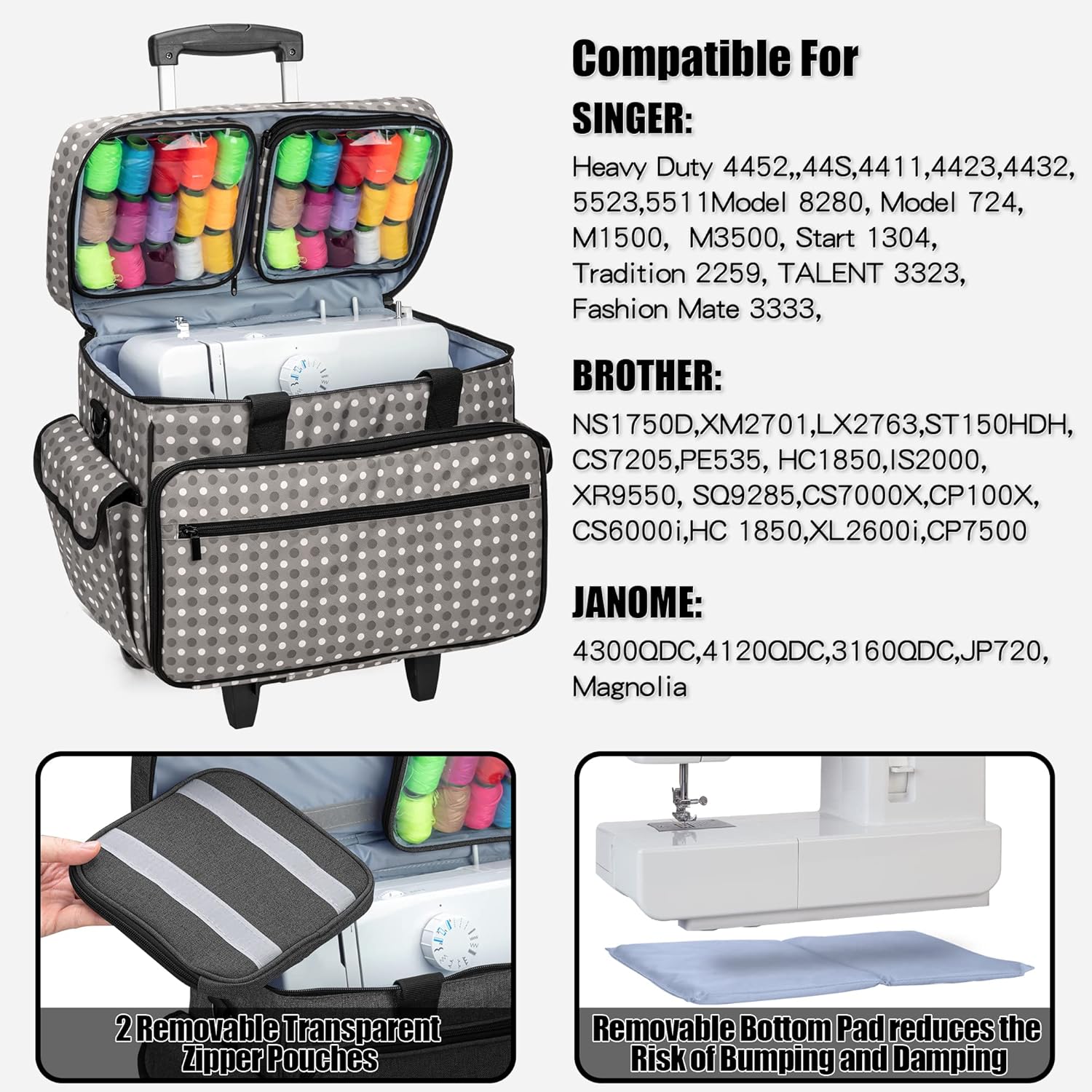 Teamoy Estuche para máquina de coser con ruedas desmontables, bolsa para máquina de coser rodante con ruedas y almohadilla inferior de madera,