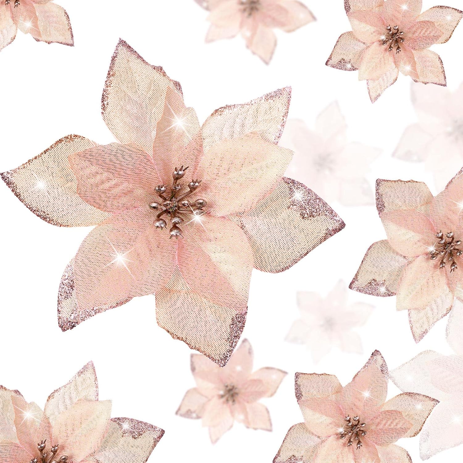 24 piezas de flores de pascua con brillantina para Navidad de 3 tamaños, flores de imitación para bodas, adornos navideños para el árbol de Navidad,