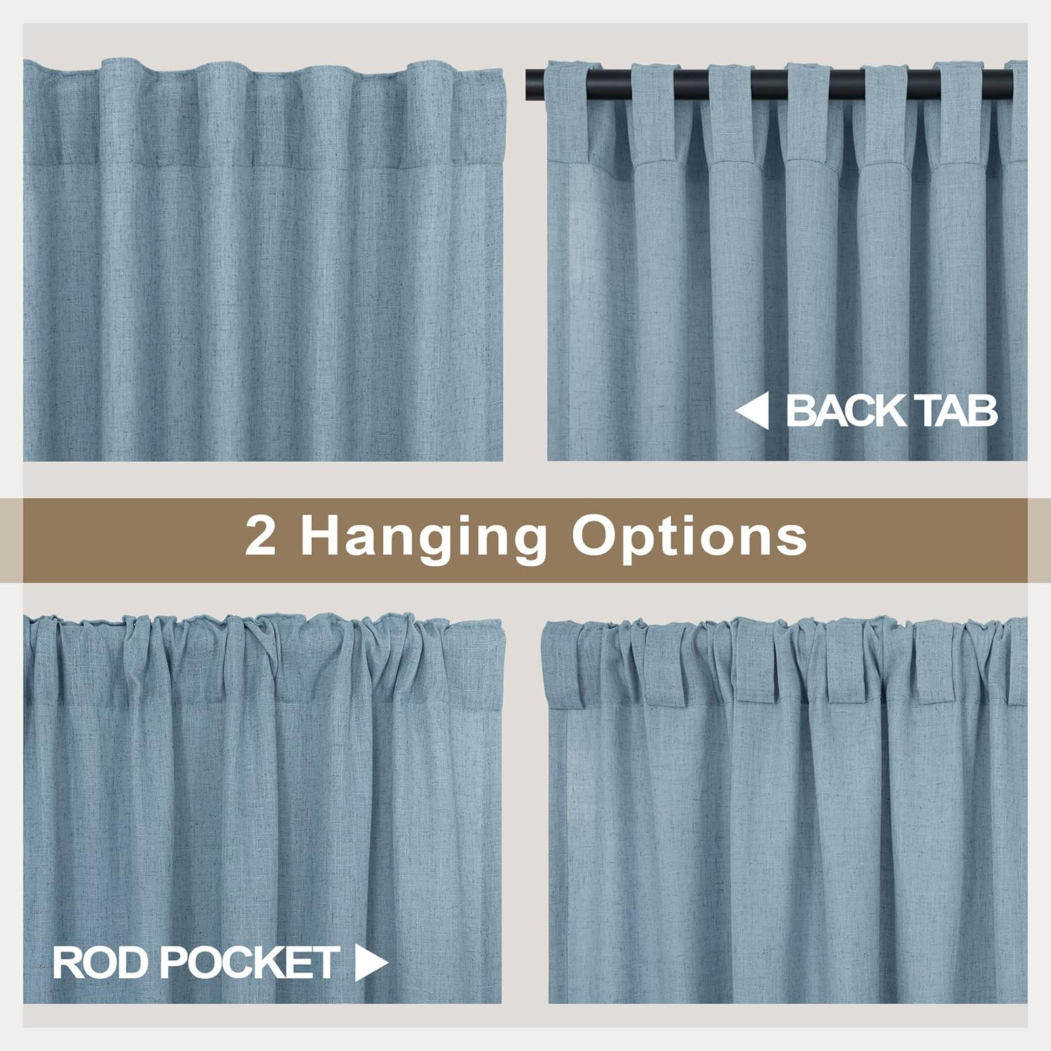 2 paneles de cortinas de lino, 38 pulg An x 84 pulg L, bolsillo pcortinero, pestañas traseras, semitraslúc., largasdelgadas, rústicas, reducc. luz,