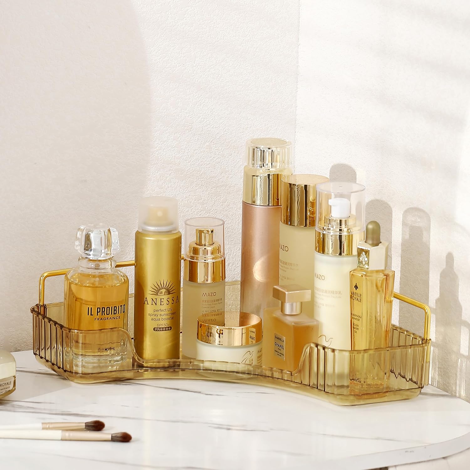 Organizador de esquina para mostrador de baño, estante de encimera de baño, organizador de maquillaje para tocador, bandeja de perfume para
