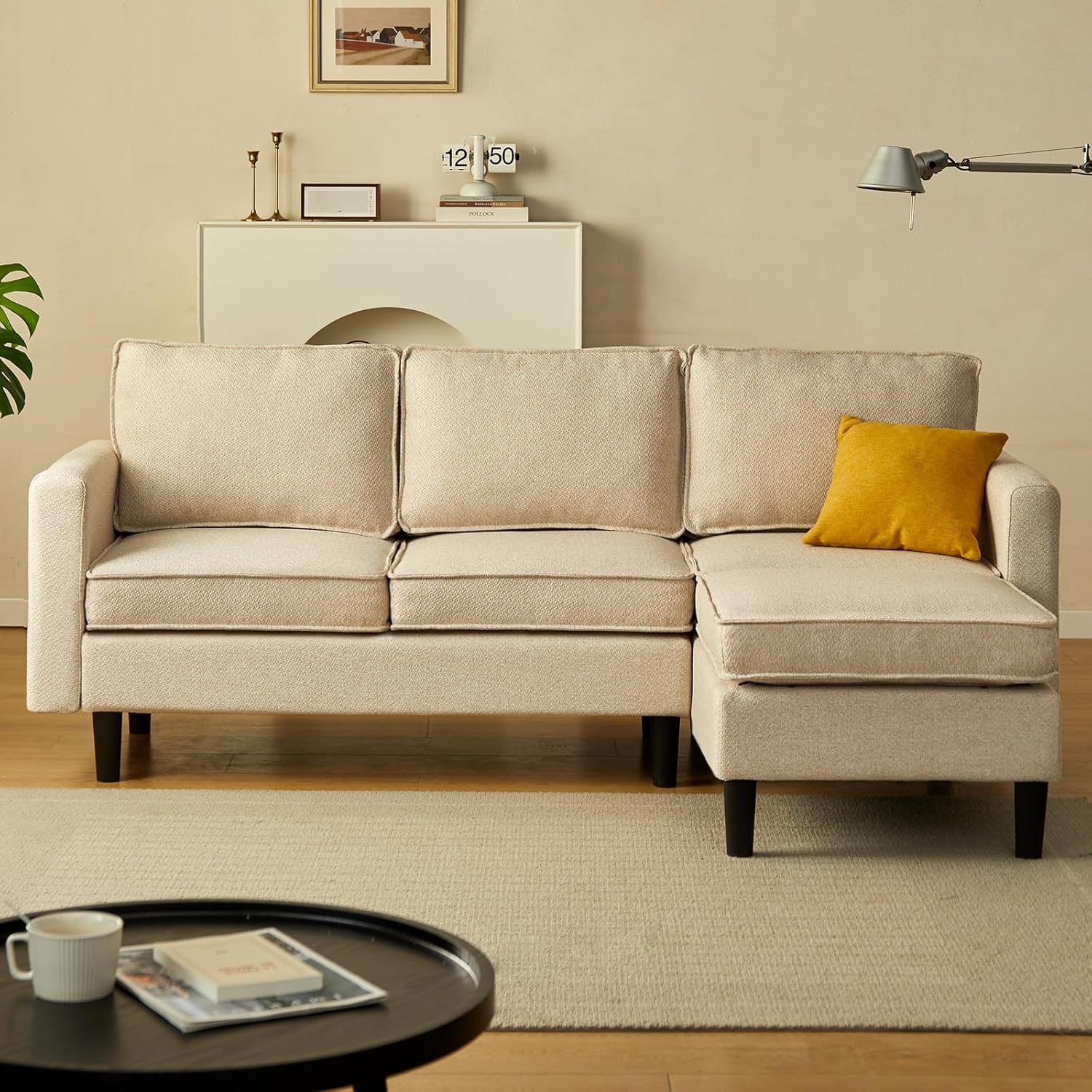 Cpintltr Sofá en forma de L, sofá futón de lino de 3 asientos, sofá cama convertible con patas de madera cónicas, sofás modernos de mediados de