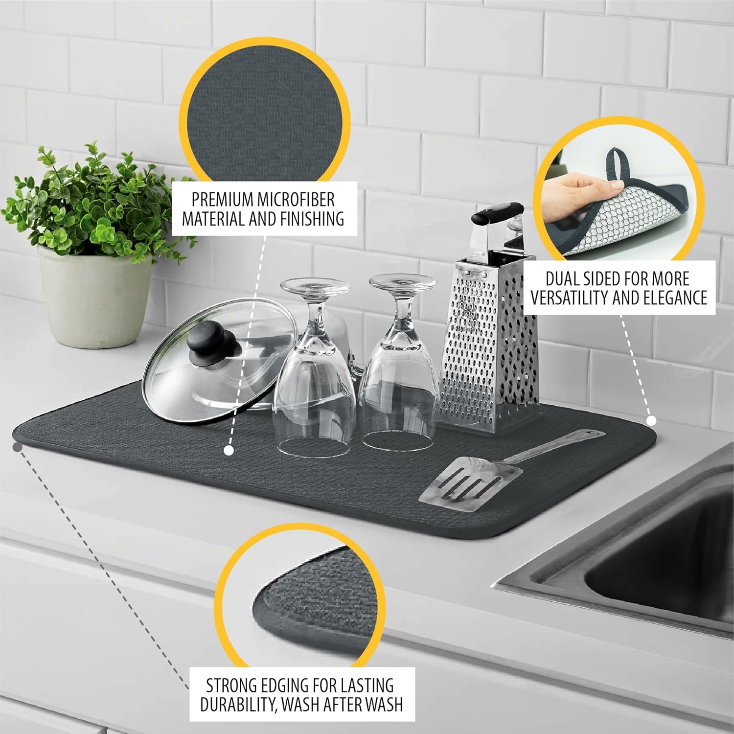 Tapete de microfibra para secado de platos para encimera de cocina con material absorbente, grueso y de doble cara, tapete de secado de platos XXL,