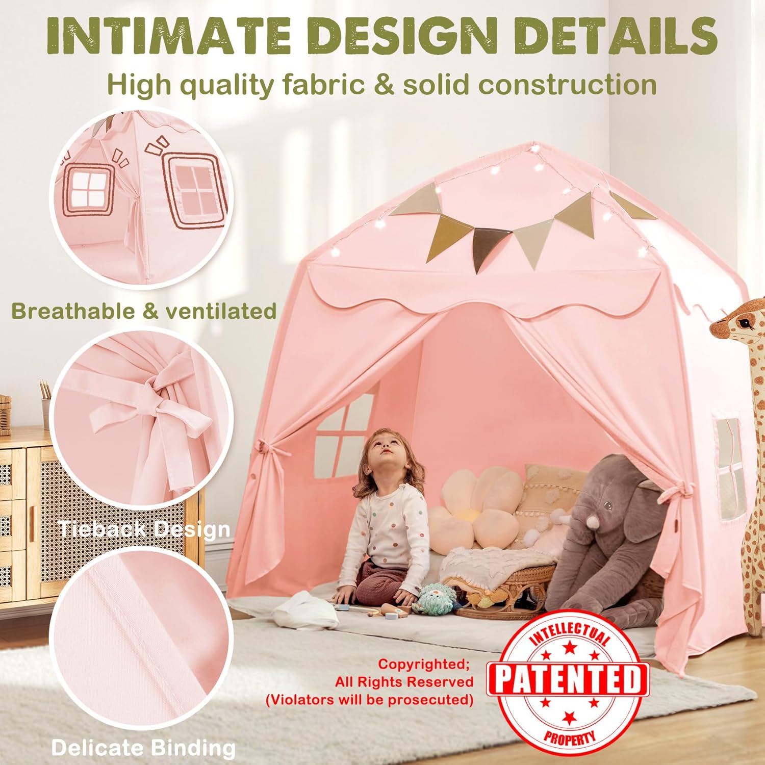 Tienda de campaña extragrande para niños con banderas y luces de estrella, tipi portátil y plegable, toldo de cama para niños y niñas, tienda de