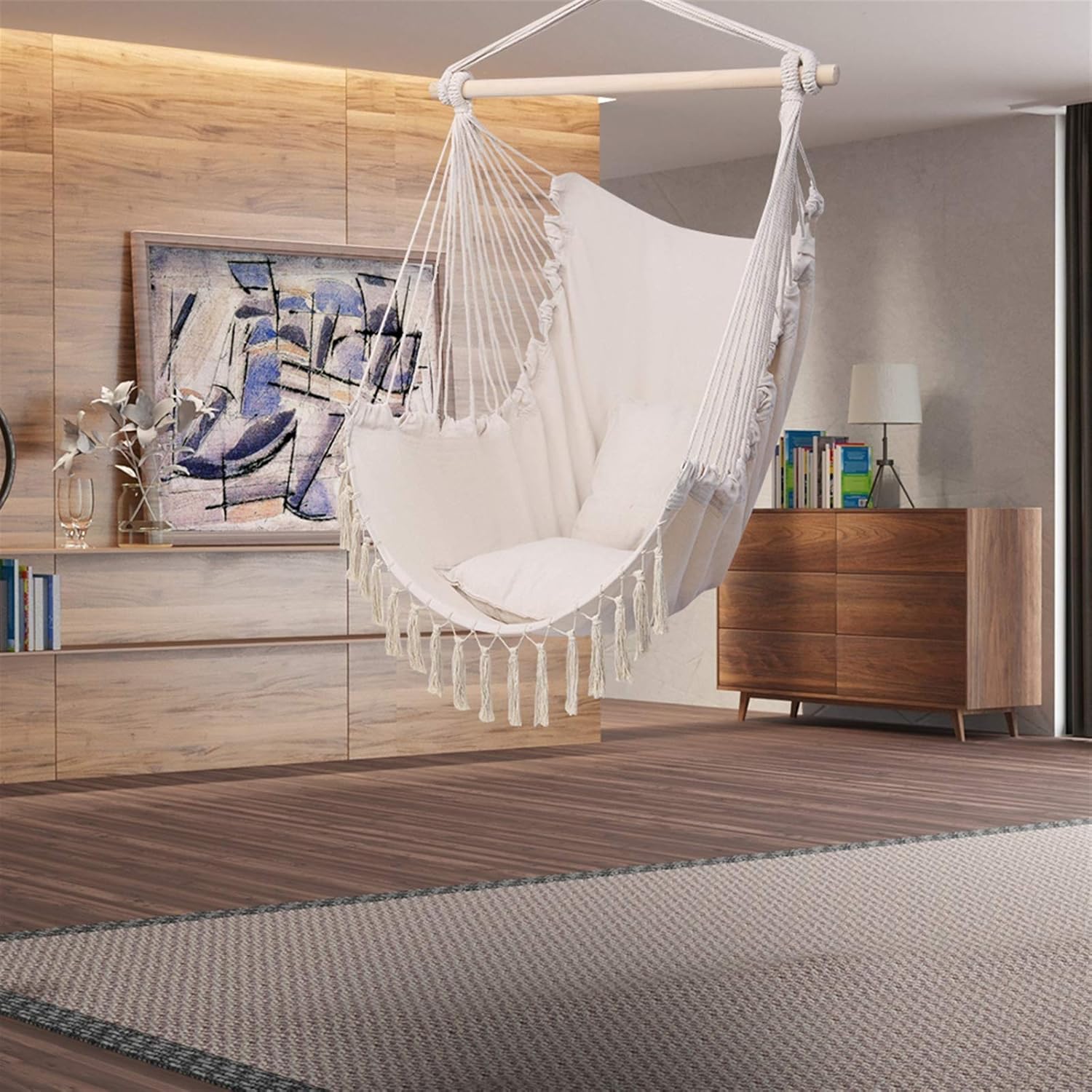 Silla hamaca colgante con cuerda oscilante, almohada colgante con borlas, máximo 330 libras, 2 cojines incluidos, silla colgante grande de macramé