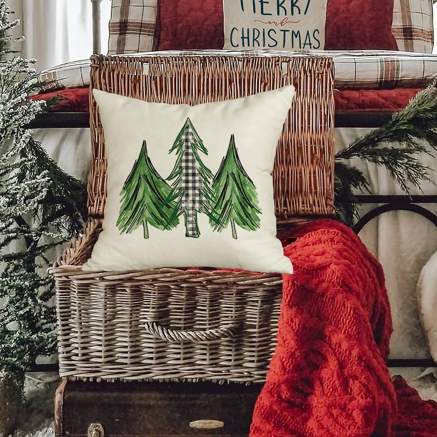 RABUSOFA Fundas de cojín con diseño de árbol de Navidad en acuarela de 18 x 18 pulgadas, fundas de cojín decorativas de invierno a cuadros, fundas