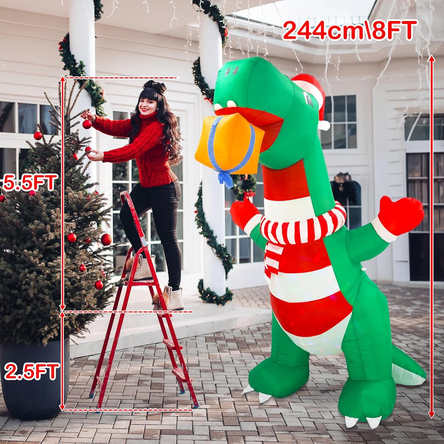 Inflables de Navidad de 8 pies para decoración al aire libre, dinosaurio inflable de Navidad, decoración de patio con sombrero de Navidad y caja de