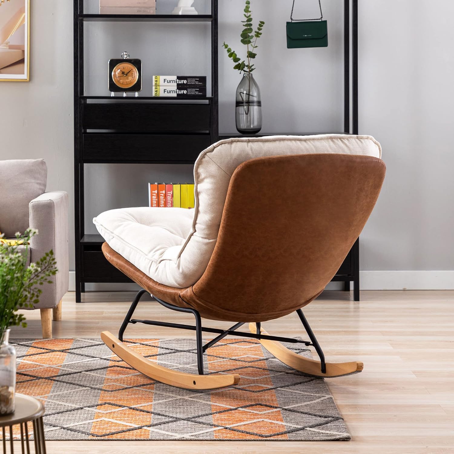 DM Furniture Mecedora grande tapizada de lino para guardería, silla reclinable para dormitorio, sala de estar, lectura, color marfil