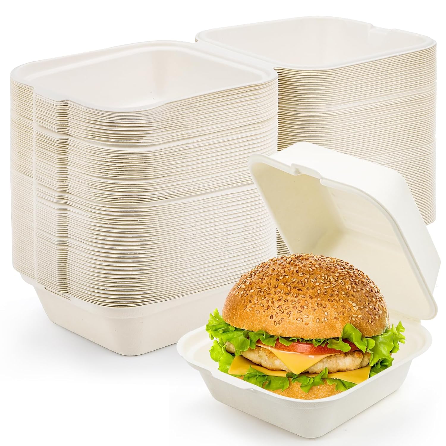 Peohud Paquete de 100 recipientes de comida para llevar, 6 x 6 pulgadas, desechables, caja ecológica para llevar, para hamburguesas, pasteles,
