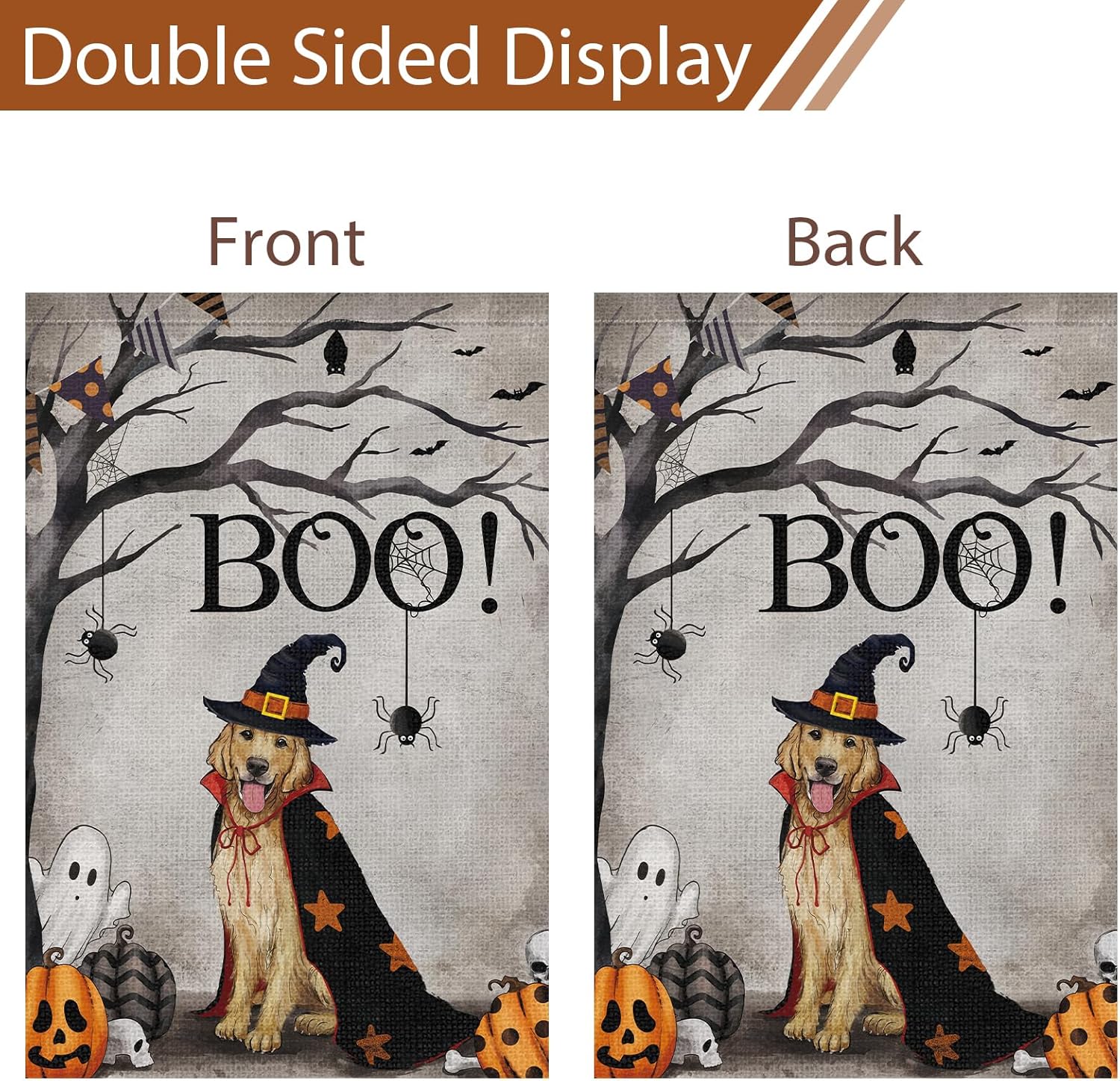 Bandera de jardín de perro Golden Retriever de Halloween de 28 x 40 pulgadas, arpillera de doble cara, fantasma, rústico, decoración de granja,