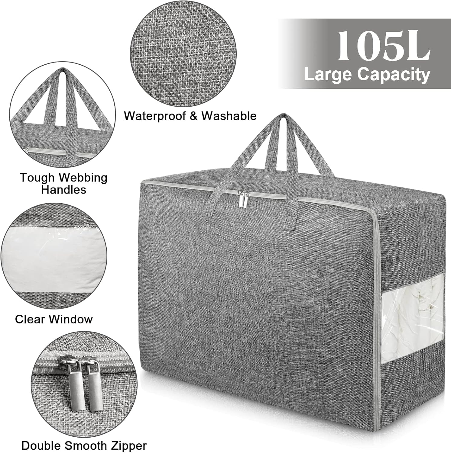 Paquete de 4 bolsas de almacenamiento extra grandes de 105 litros, plegables para manta de edredón, organizadores de clóset y contenedores de