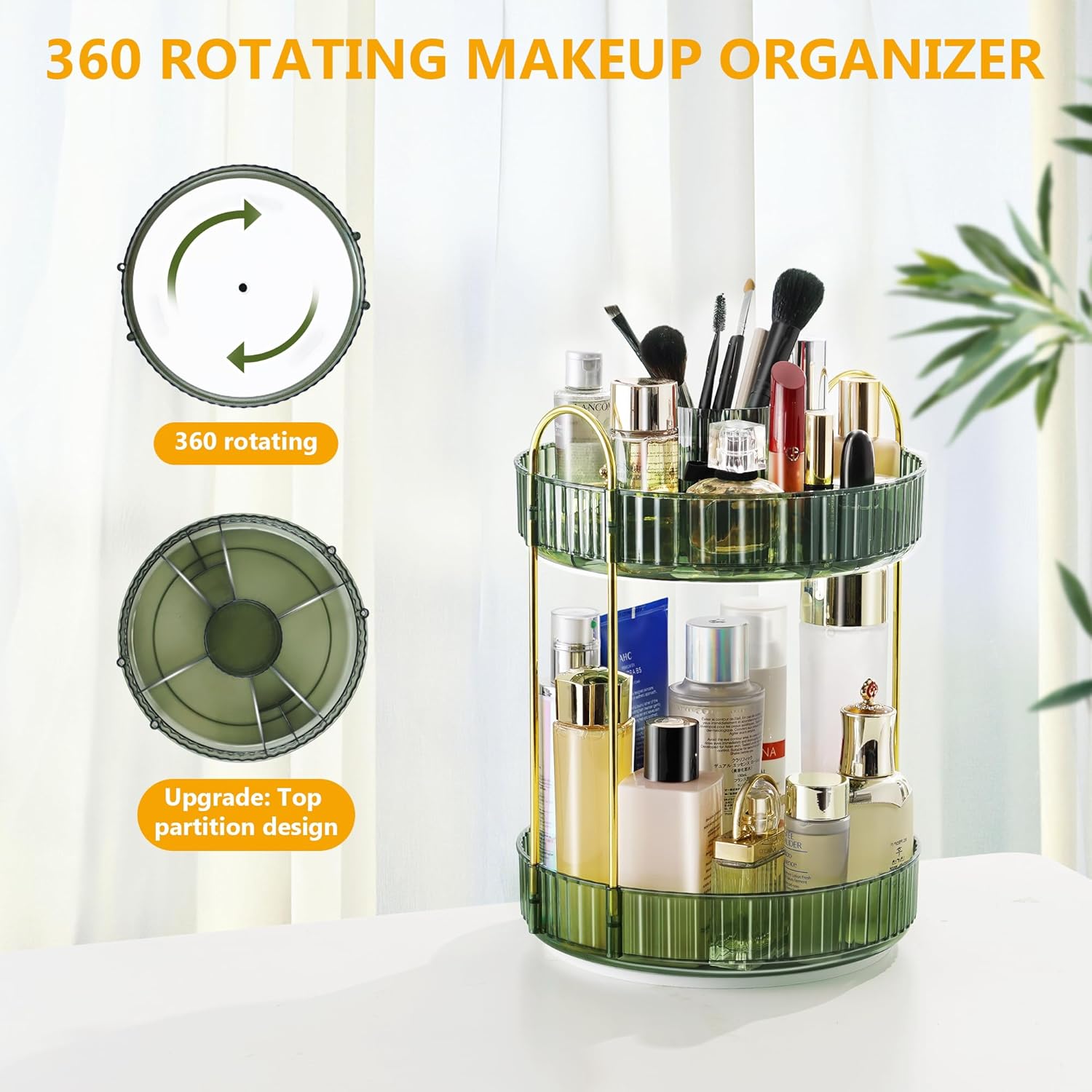 XISIYUJZ Organizador de maquillaje giratorio de 360 para tocador de 2 niveles, organizador de tocador de baño de alta capacidad, organizador de