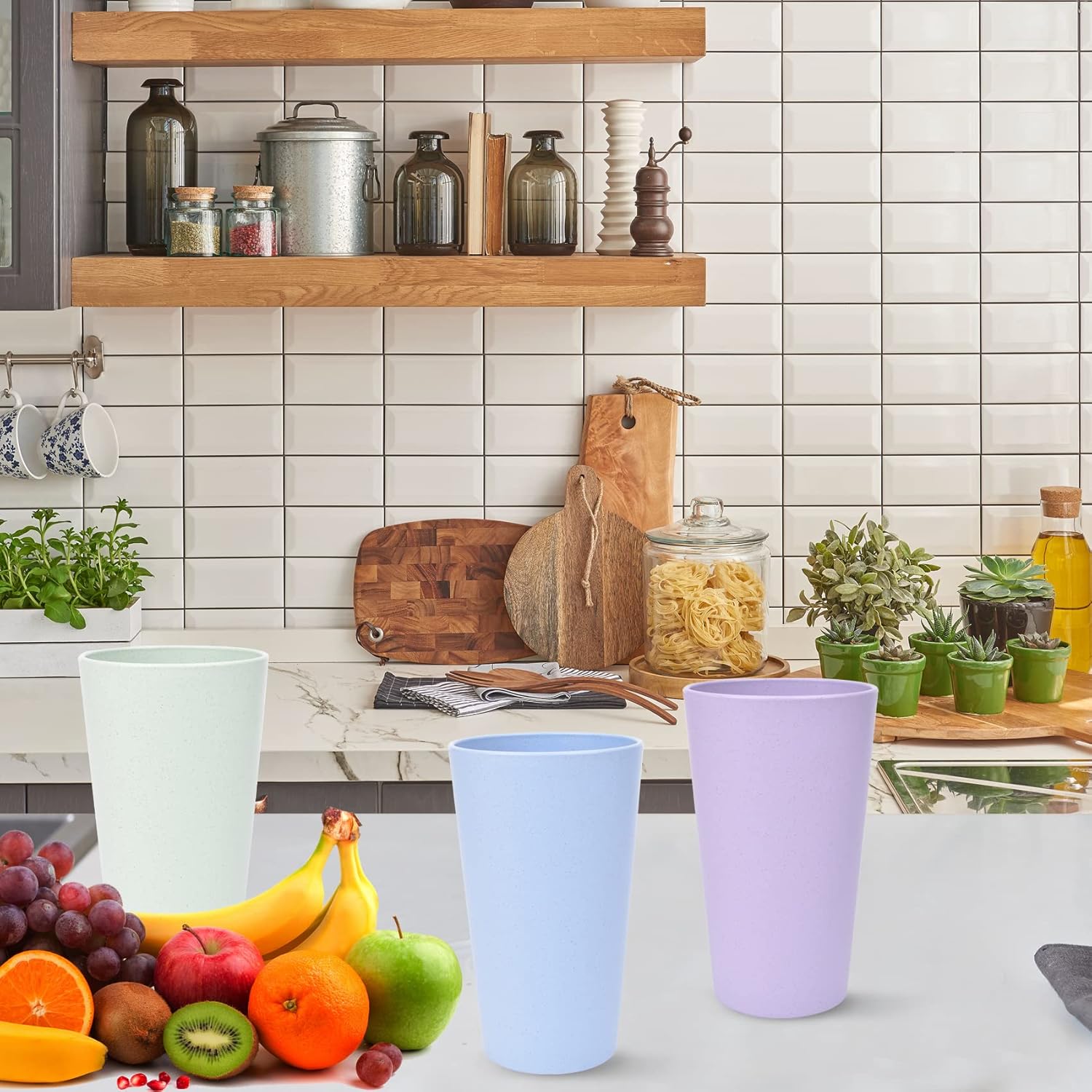 JIABEIUS Vasos de plástico reutilizables de 20 onzas, juego de 5 tazas de paja de trigo multicolor para cocina, oficina, viajes, vasos para beber y