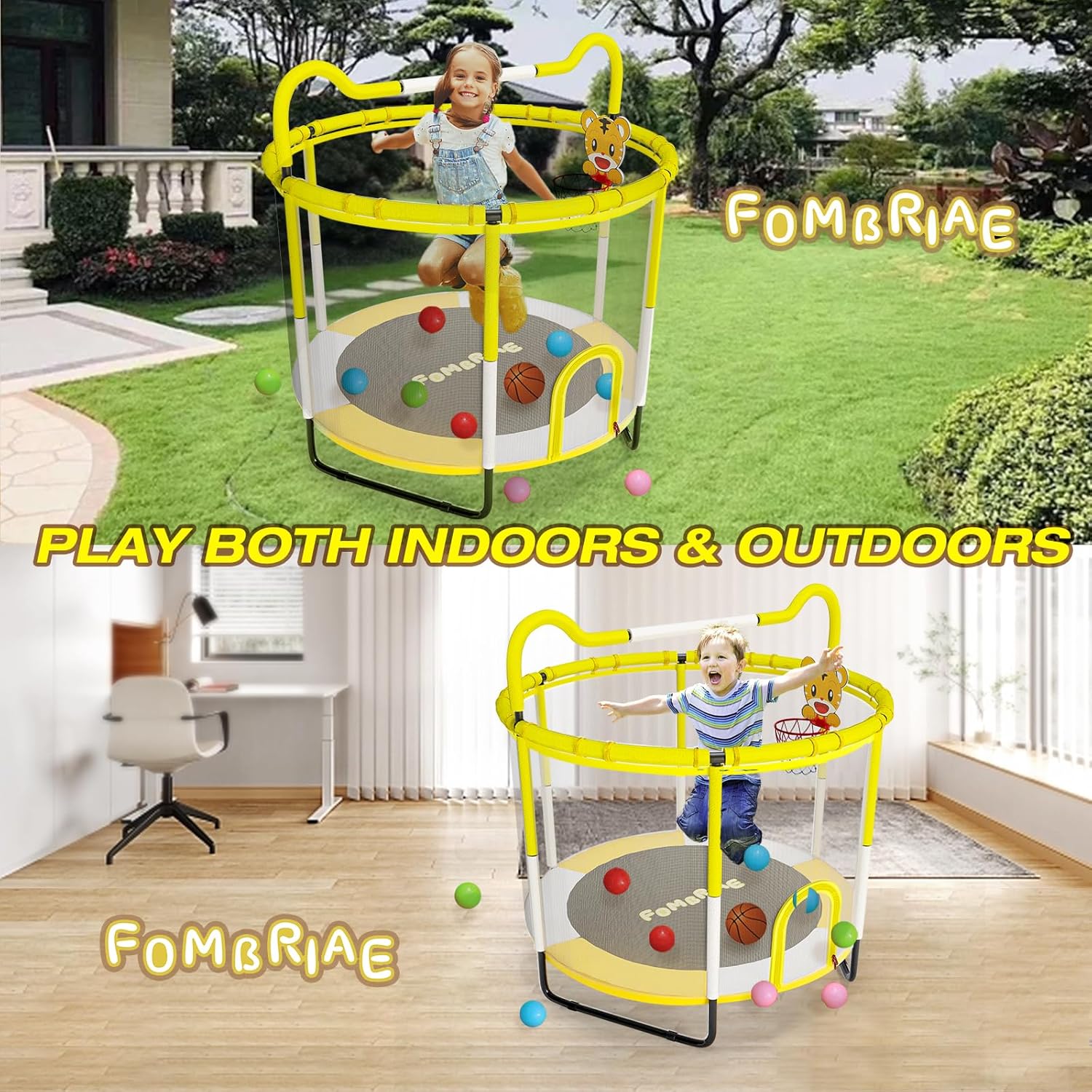 FOMBRIAE Trampolín de 55 pulgadas para niños, trampolín para interiores y exteriores de 4.5 pies con red de cierre, mini trampolín para bebés con