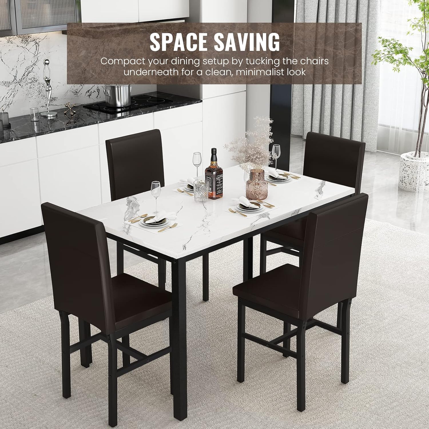 Recaceik Juego de mesa de comedor de 5 piezas para 4 personas, moderno juego de mesa de cocina de 47 pulgadas con parte superior de mármol