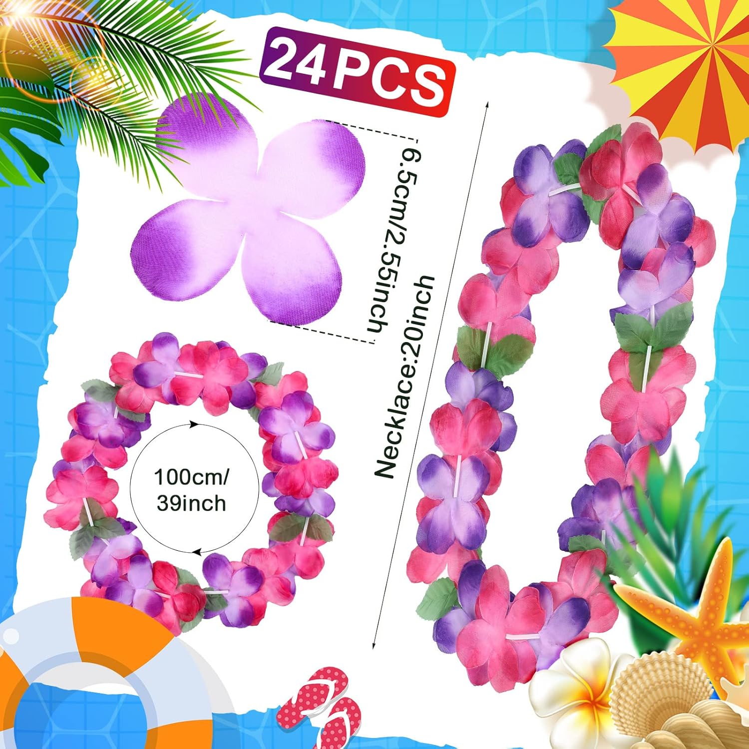 24 piezas de collar de Leis hawaiano grueso, collar floral Leis de flores para fiesta Luau, guirnalda de baile Hula flores lazo para el cuello para