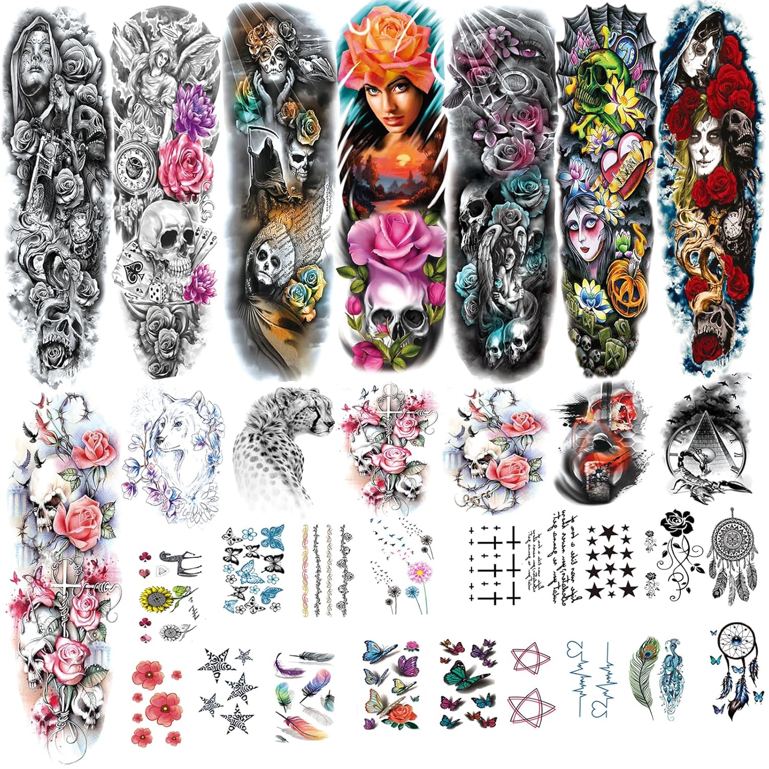 12 hojas PadOUN grandes flores cráneo temporal tatuaje manga para mujeres, 8 hojas realistas brazo completo tatuajes manga y 4 hojas medio brazo