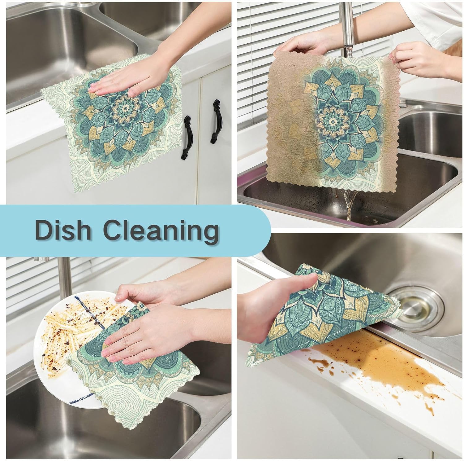 Ornamental Round Mandala Floral 6 Pack Quick Dry Microfiber Dish Drying Towel Print Cotton Rags for Countertop Sink