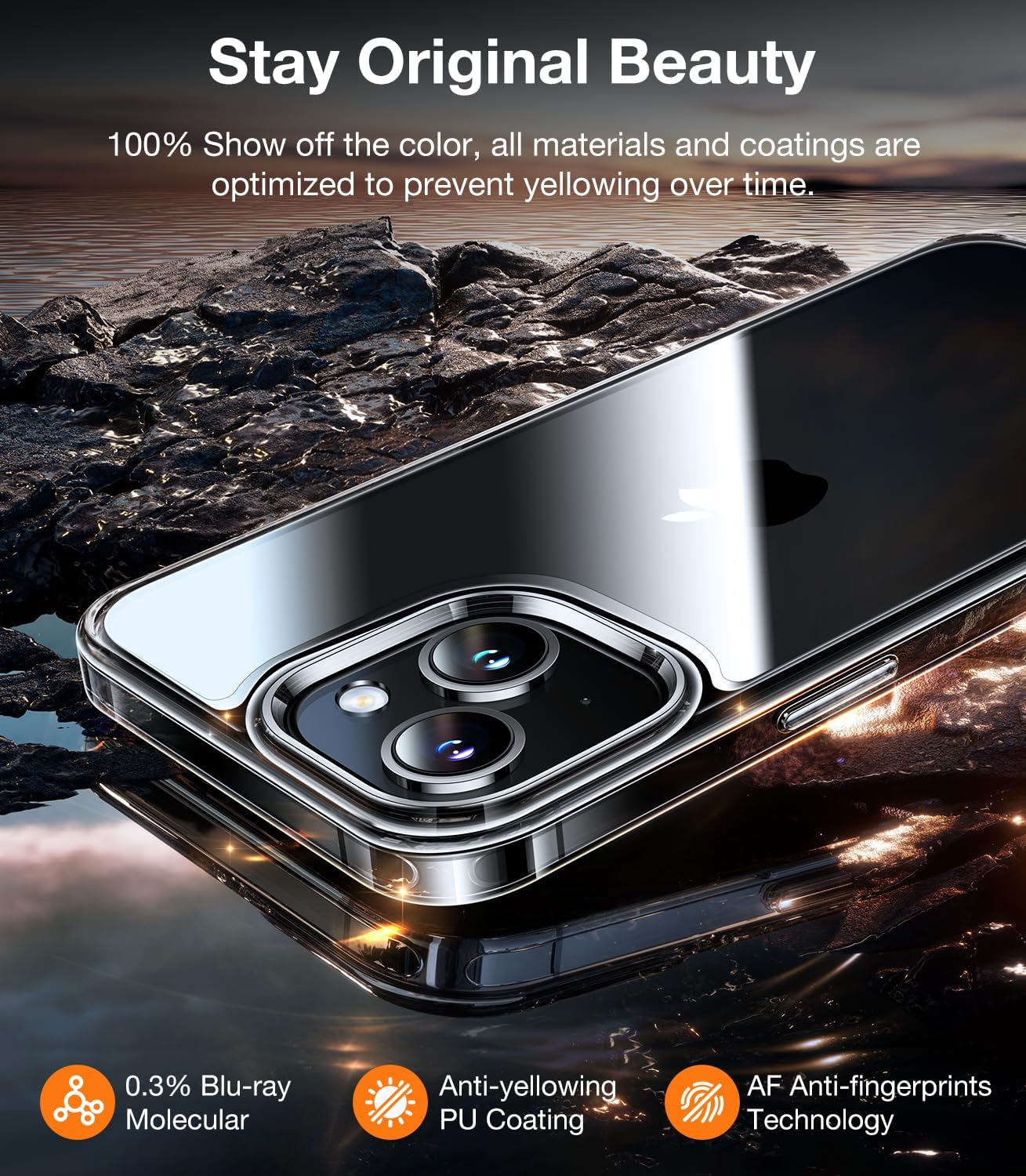TORRAS Funda transparente con diseño de diamante para iPhone 15 nunca amarilla grado militar anticaídas parte trasera de policarbonato duro,