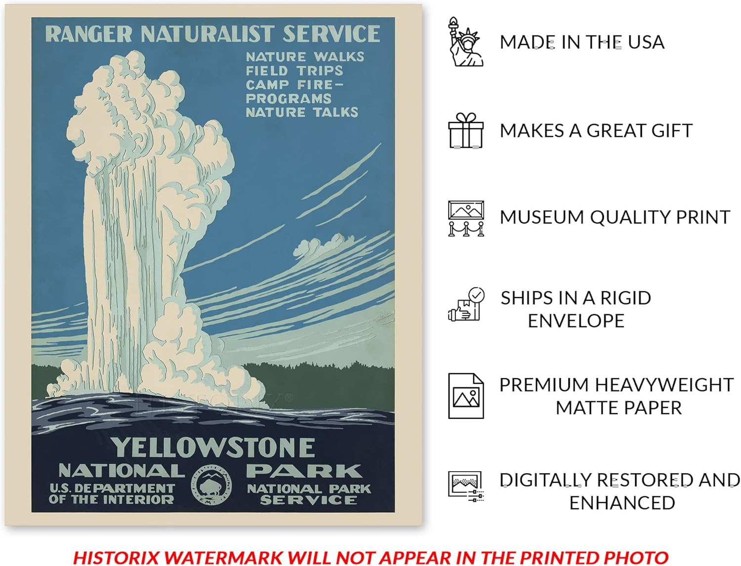 HISTORIX Póster vintage de viaje del Parque Nacional Yellowstone de 1938, 8 x 10 pulgadas, arte de pared que muestra el viejo géiser fiel