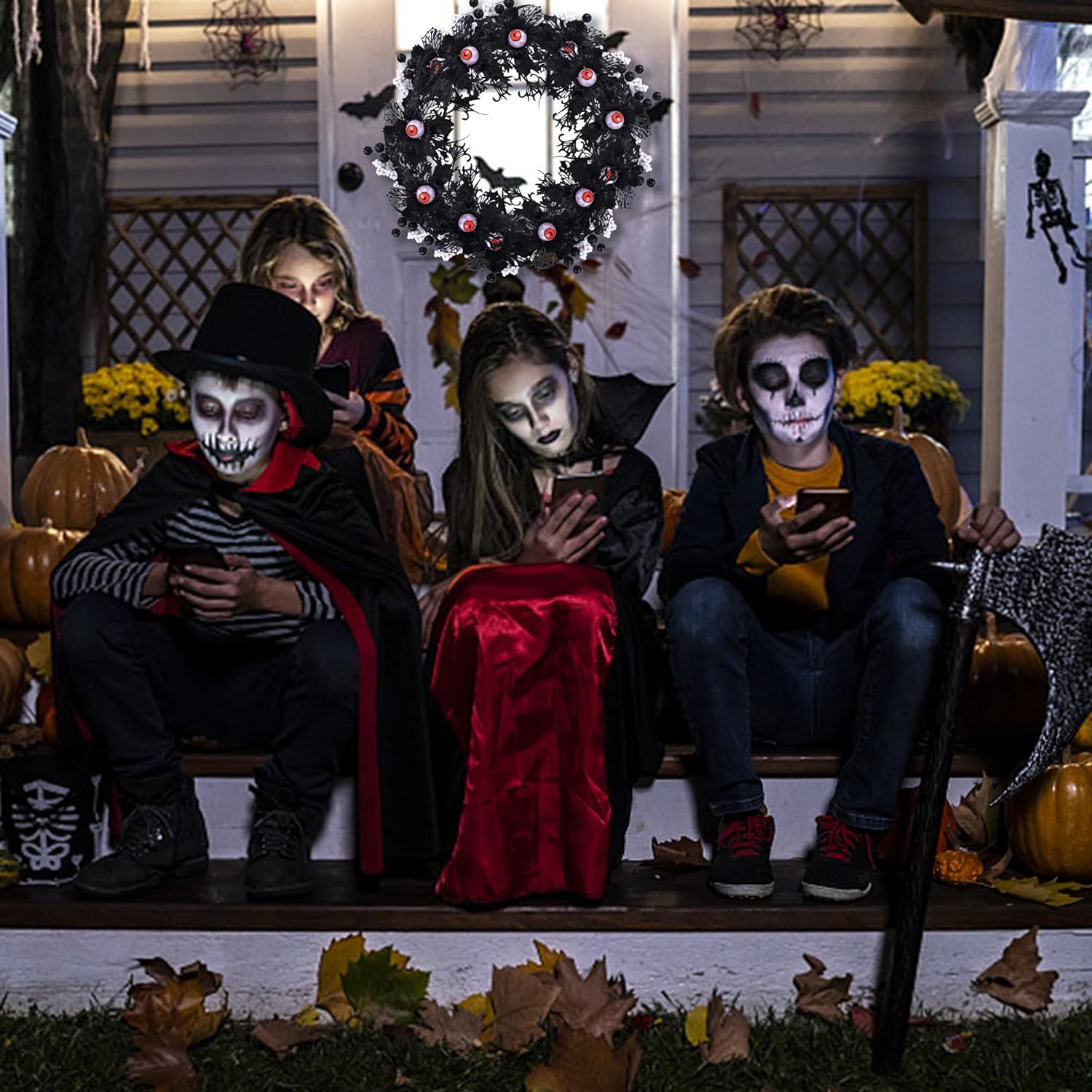 4 piezas de flores artificiales negras con purpurina de Halloween, murciélago, rayas de sangre del diablo, tallos de ojos para decoración del hogar