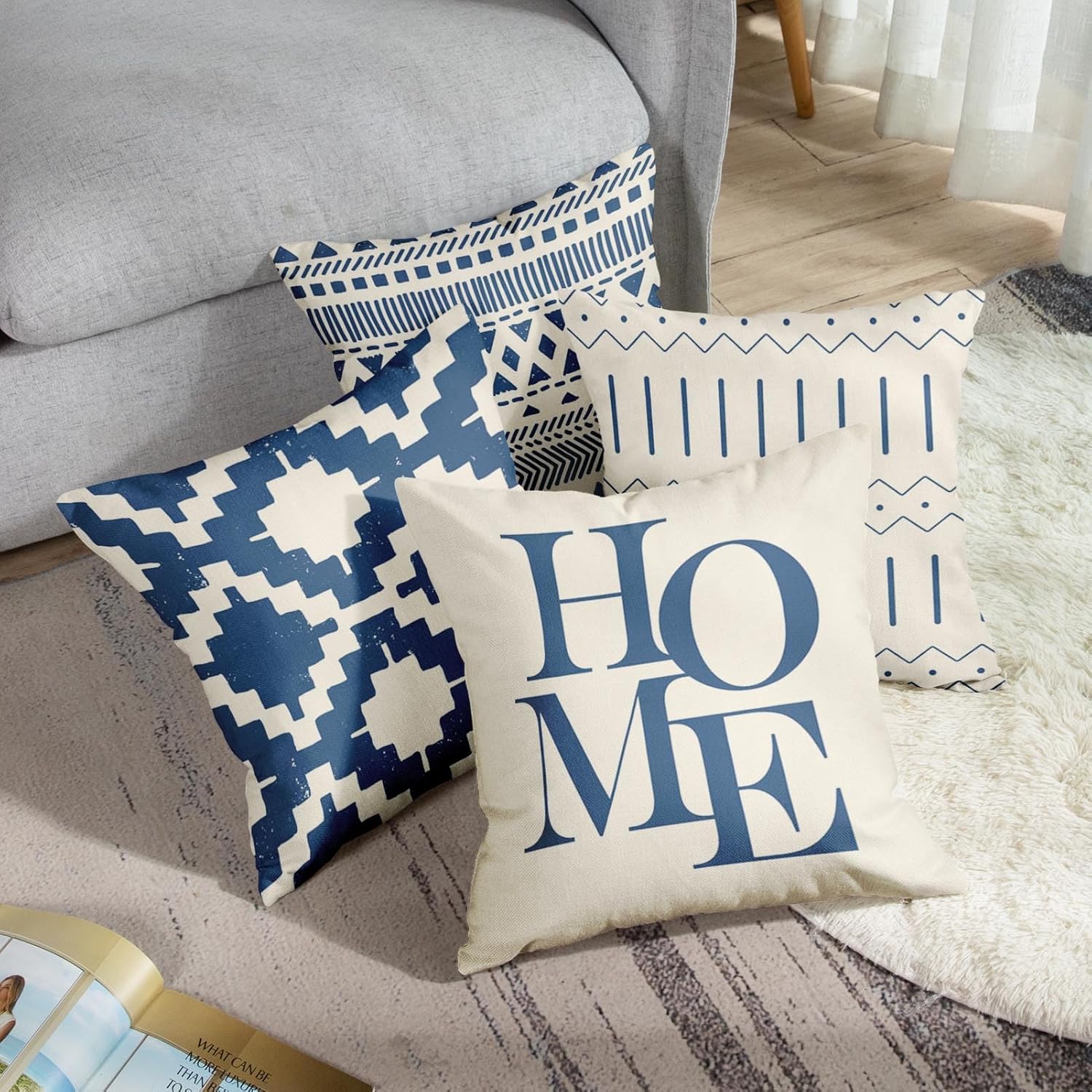 Juego de 4 fundas de almohada decorativas para decoración del hogar, color azul marino, retro, geométrico, a rayas, marroquíes, tribales, bohemias,