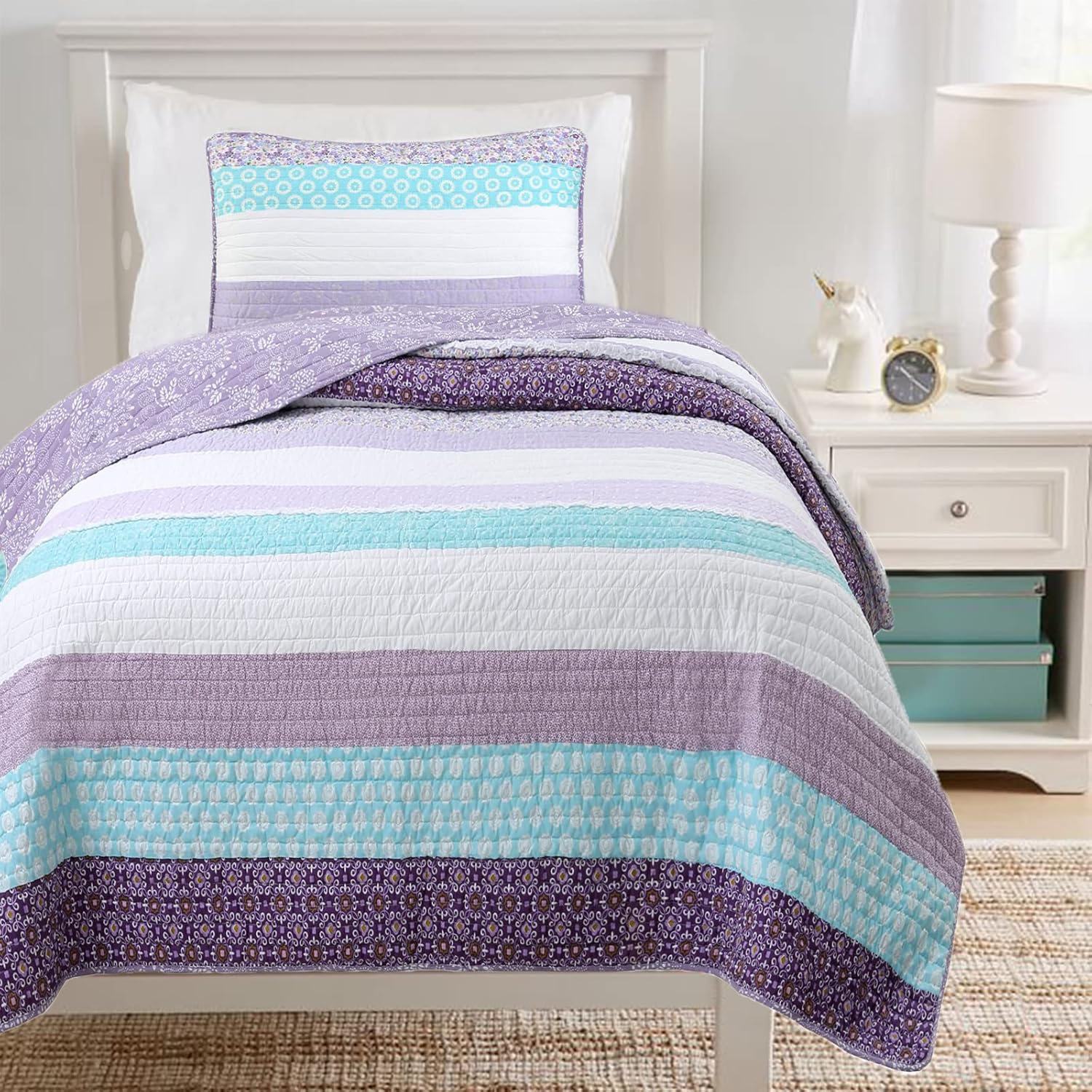 Cozy Line Home Fashions Purple Cosmos Spring Floral Stripe Garden Lavender Teal & White Ruffle Cotton Reversible Juego de ropa de cama