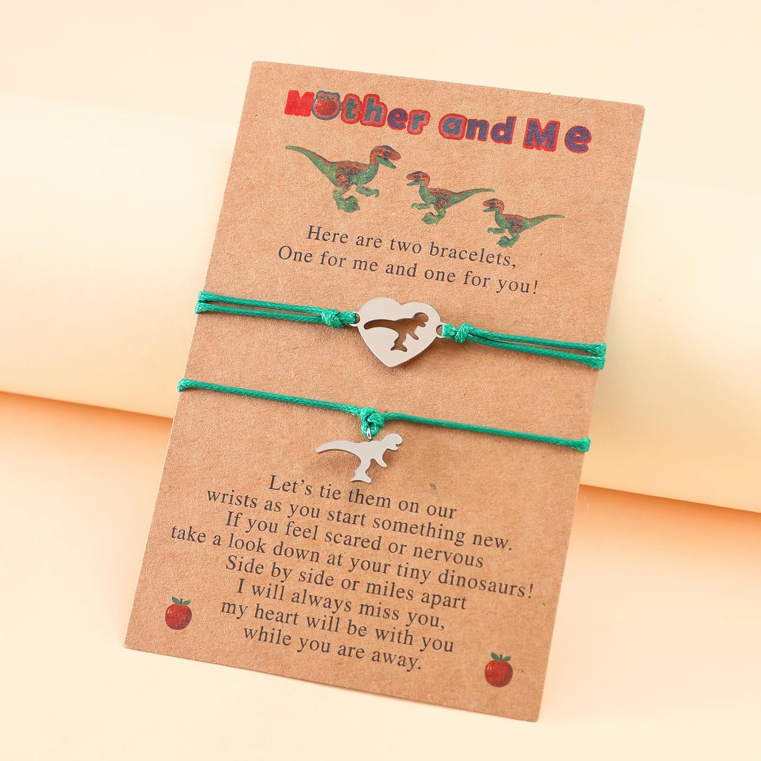 Juego de pulseras de regreso a clases para mamá y yo, pulseras de deseos a juego para el primer día de escuela, pulseras de corazón de dinosaurio,