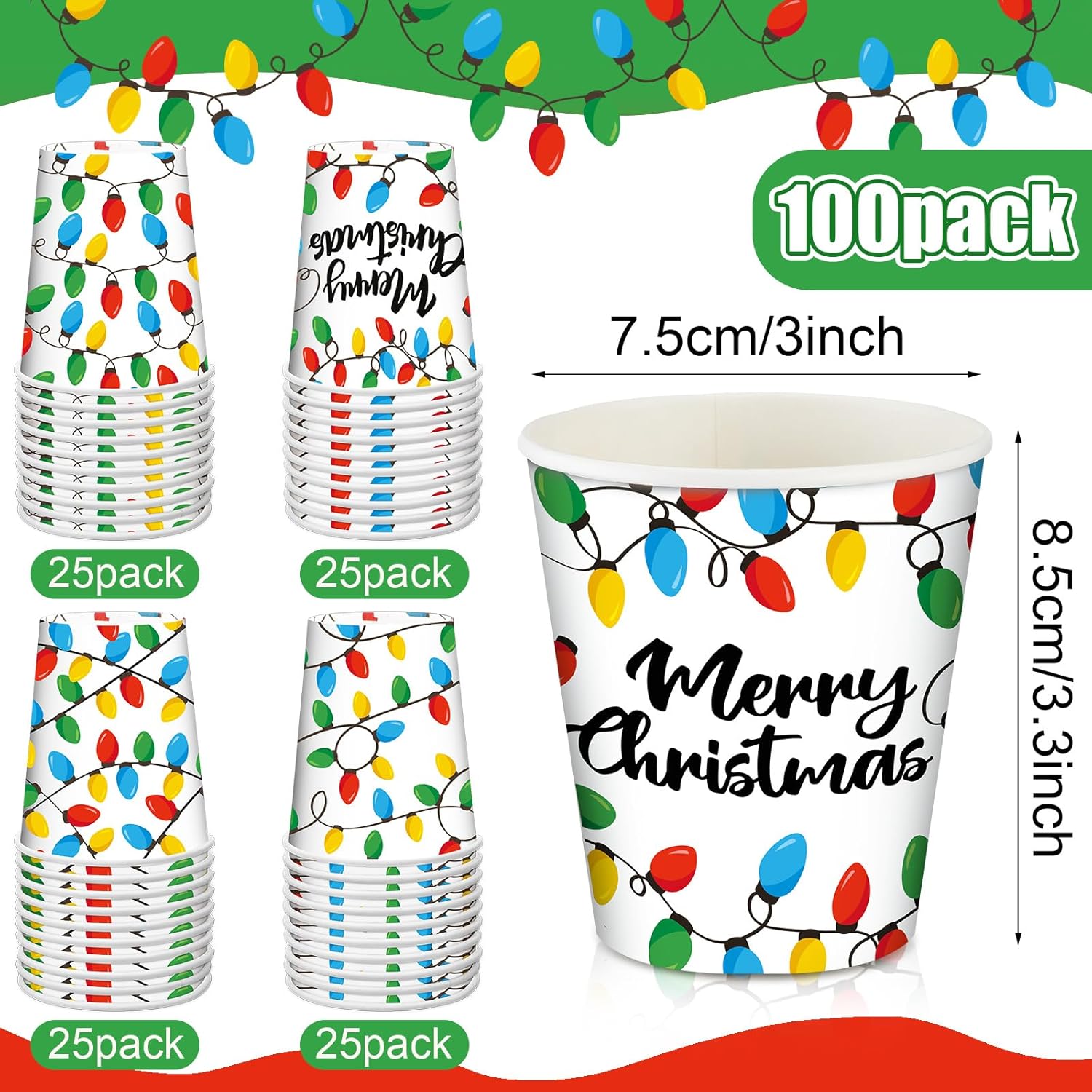 Funtery 100 vasos de papel de Navidad, tazas de café desechables, bombillas aisladas, tazas de papel de café con tapas, tazas de 9 onzas para beber
