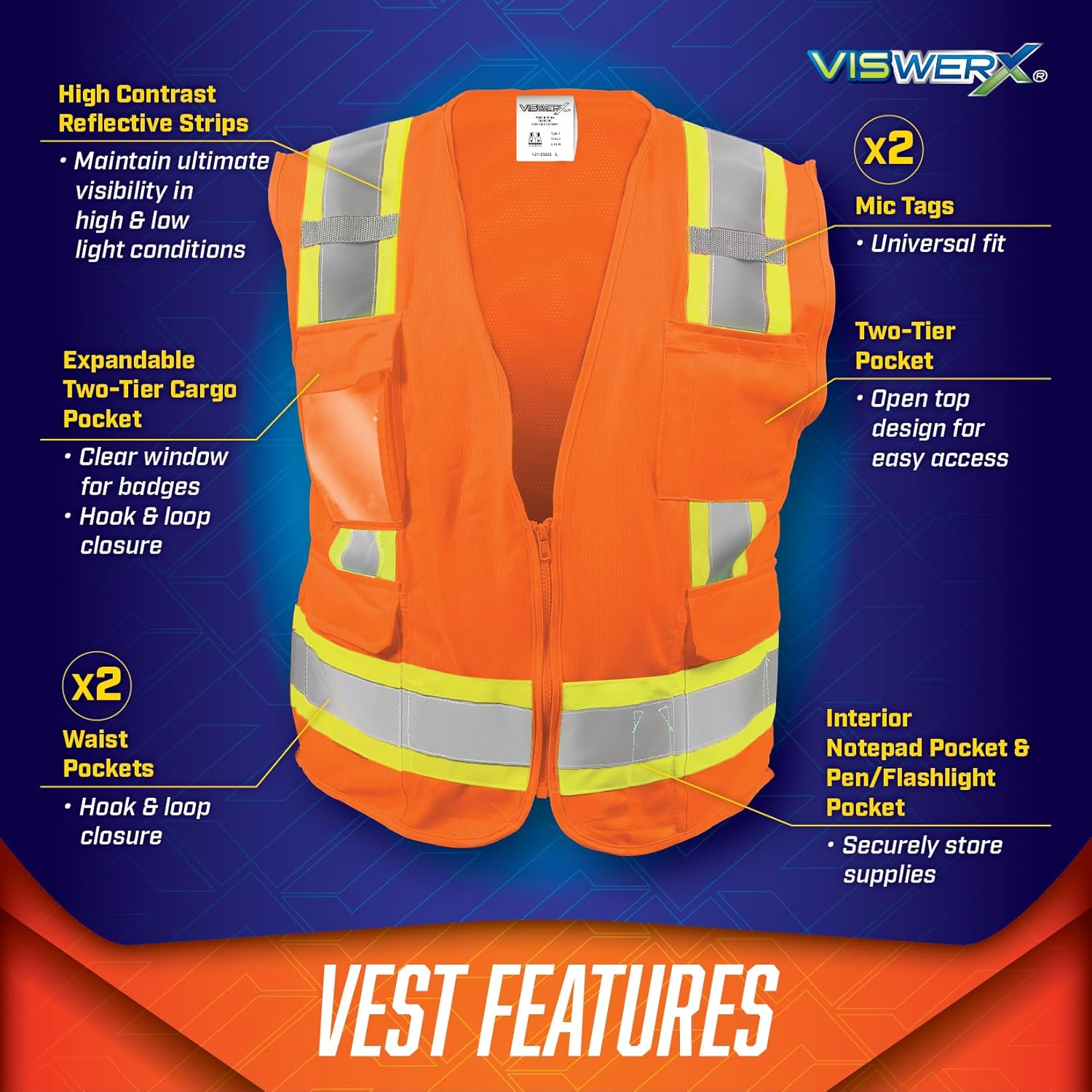 Orange Hi-Vis Deluxe Vest  ANSI CL2  Safety Vest, Reflective Vest for Work, Construction & High-Traffic Areas