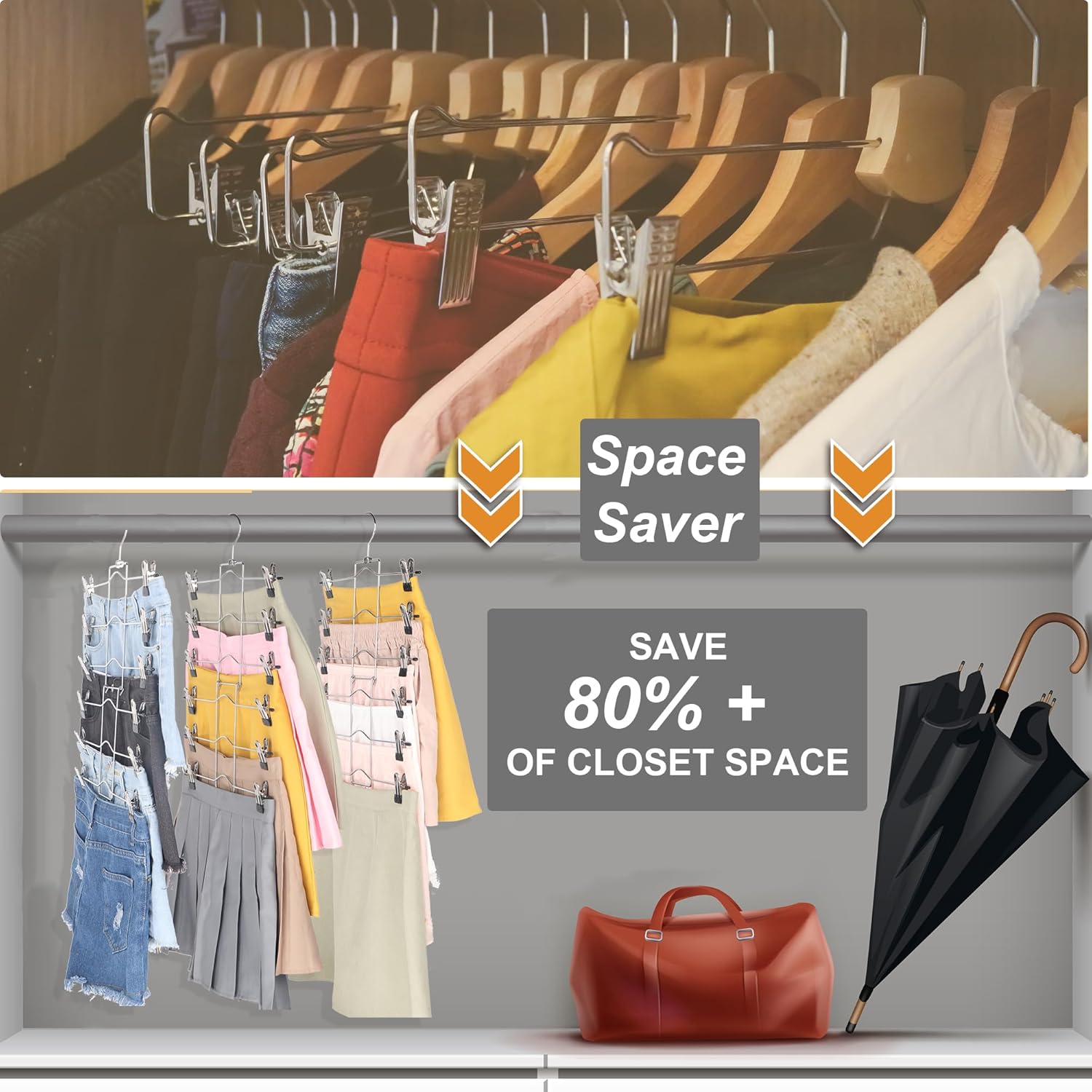 Paquete de 3 perchas para pantalones que ahorran espacio, organizadores de armario de 6 niveles y perchas de almacenamiento para faldas con clips