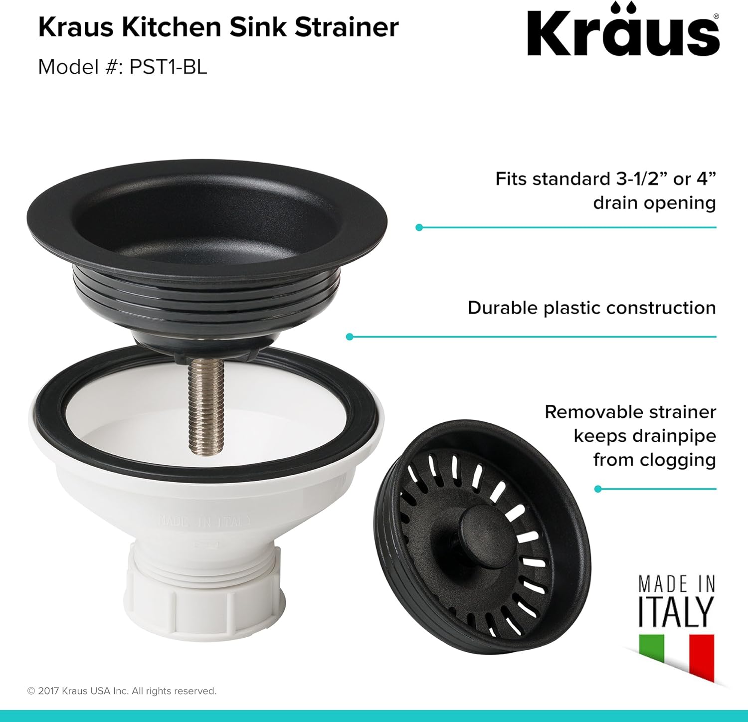 Kraus KGD-410B – Fregadero de cocina de granito ónix negro de 24 25 pulgadas de montaje doble y colador de fregadero de cocina PST1-BL, color negro