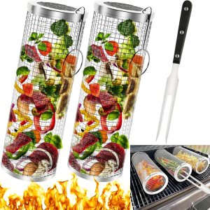 Cestas de parrilla rodantes con tenedor, cestas de acero inoxidable para parrilla de verduras para parrilla al aire libre, tubo de red de malla, Cestas de parrilla rodantes con tenedor, cestas de acero inoxidable para parrilla de verduras para parrilla al aire libre, tubo de red de malla,
