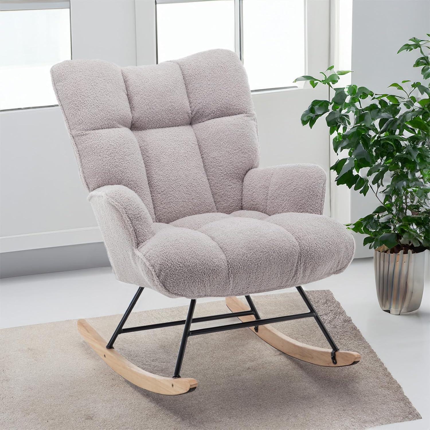 Mecedora tapizada con respaldo alto, cómodo y elegante sillón con asiento acolchado para salas de estar, dormitorios grises, oficinas, gris