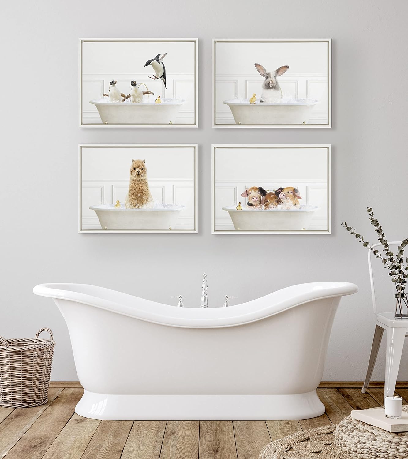 Kate and Laurel Sylvie Penguins In Bubble Bath – Lienzo enmarcado de estilo neutro por Amy Peterson Art Studio, 18 x 24 pulgadas, adorable arte de