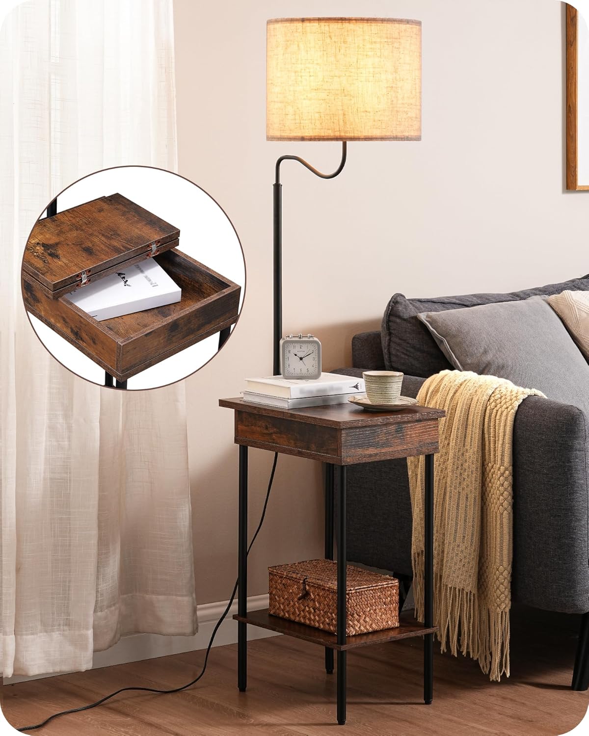 EDISHINE Lámpara de pie con mesa, luz de mesita de noche lateral con 1 cajón y 1 estante, lámpara de pie con estante de noche, mesa auxiliar pequeña