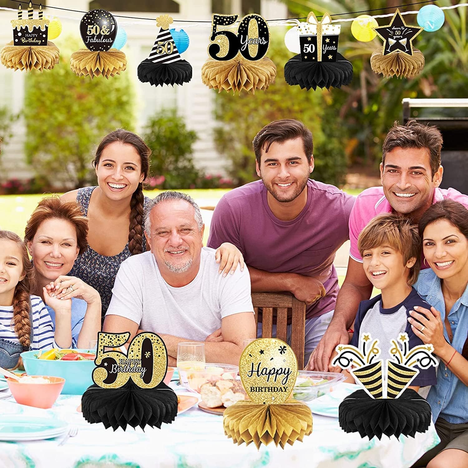 9 piezas de decoración de 50 cumpleaños para 50 años de cumpleaños centros de mesa para decoraciones de mesas, saludos a 50 de panal de abeja para