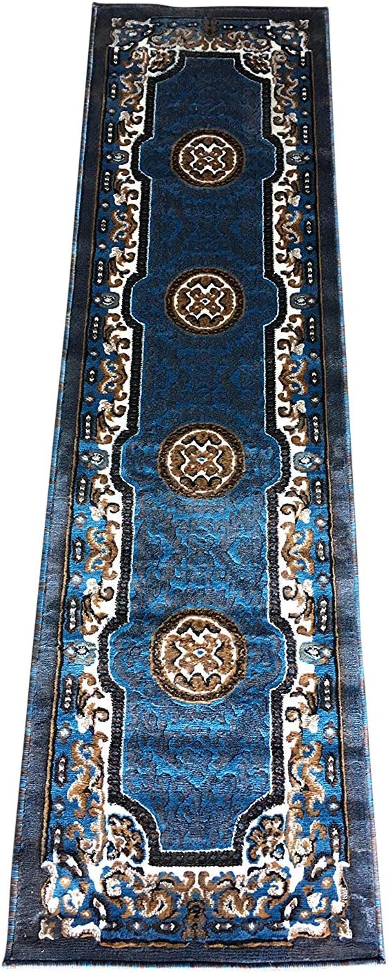 Kingdom Alfombra de pasillo tradicional azul marrón diseño persa D123 (2 pies x 7 pies)