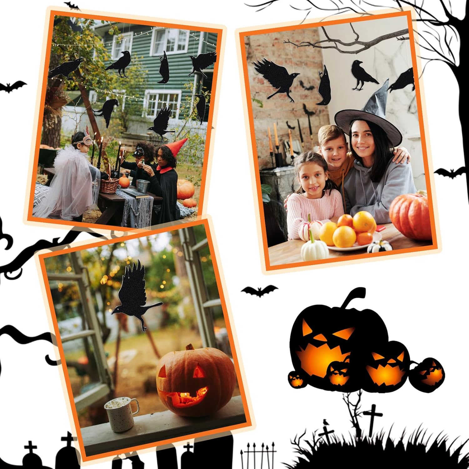 Poen 16 piezas de decoración colgante de cuervo de Halloween, 4 estilos, cuervos negros, adornos colgantes de cuervos de plástico realistas,