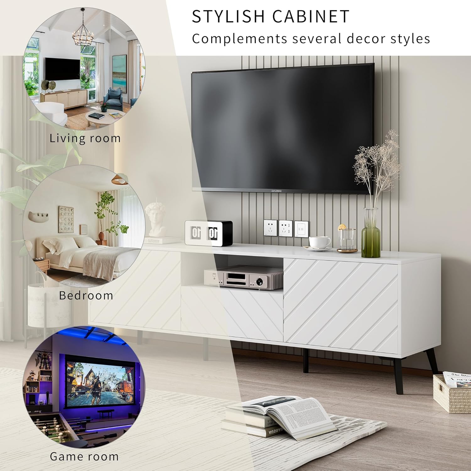 Soporte de TV moderno de mediados de siglo para TV de 75 pulgadas, gabinete de TV de madera con cajón y estante abierto, mesa consola de TV