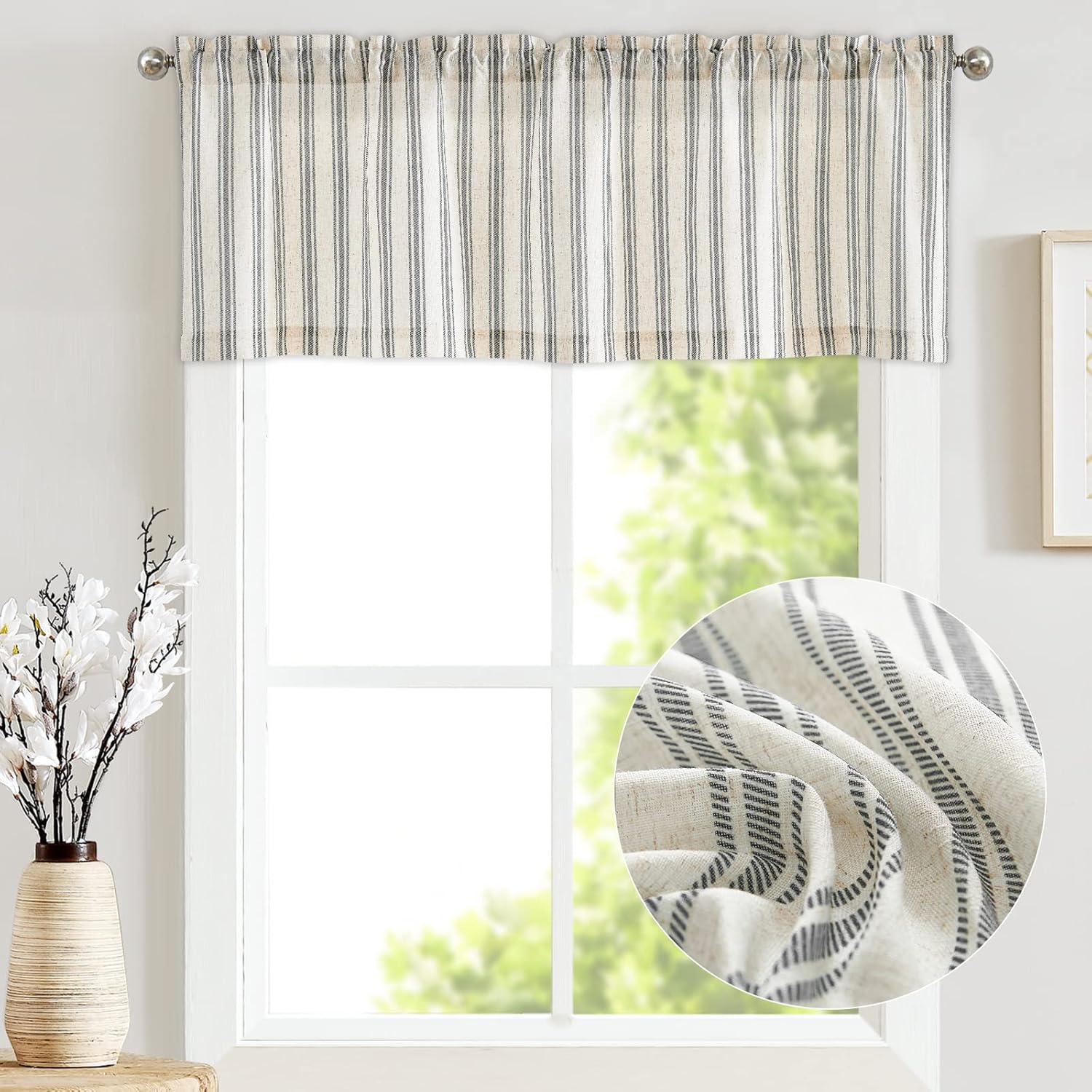 jinchan Cenefa a rayas para ventana, cenefa de lino para ventanas, cenefa de ventana pequeña, cenefa de granja con filtro de luz, cenefa de lino de